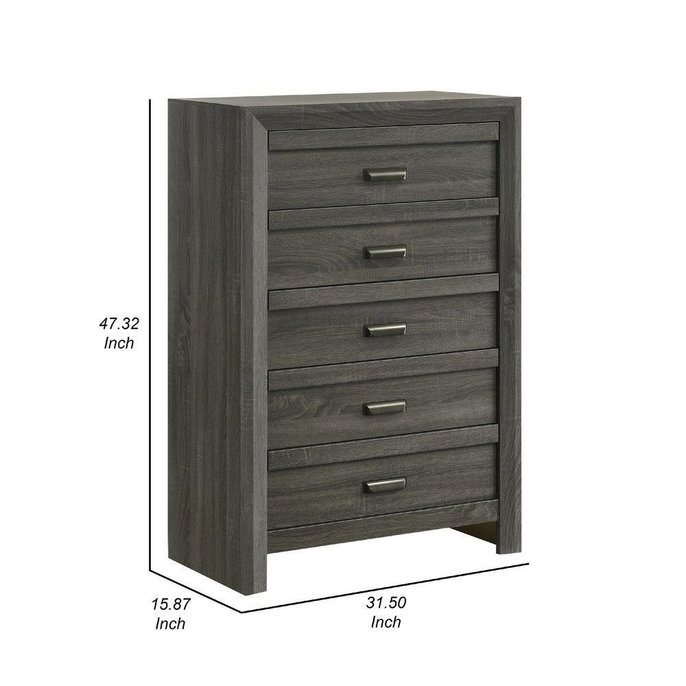 Benjara Velz Tall Dresser Chest, 5 Drawers, Finger Pull Handles, Dark Gray Wood
