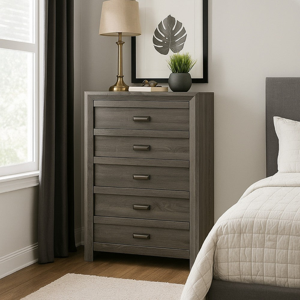 Benjara Velz Tall Dresser Chest, 5 Drawers, Finger Pull Handles, Dark Gray Wood
