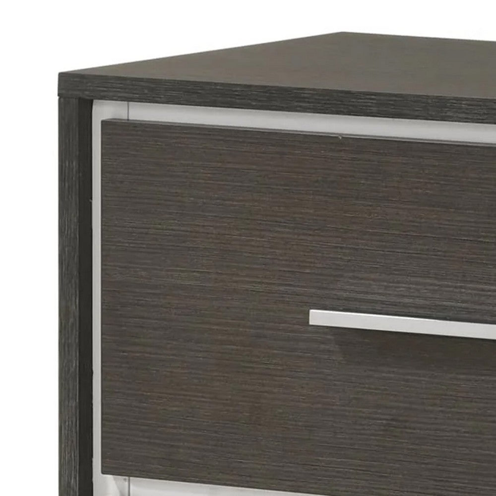 Benjara Hez Nightstand, 2 Drawers, Silver Trim, Modern Dark Brown Finish