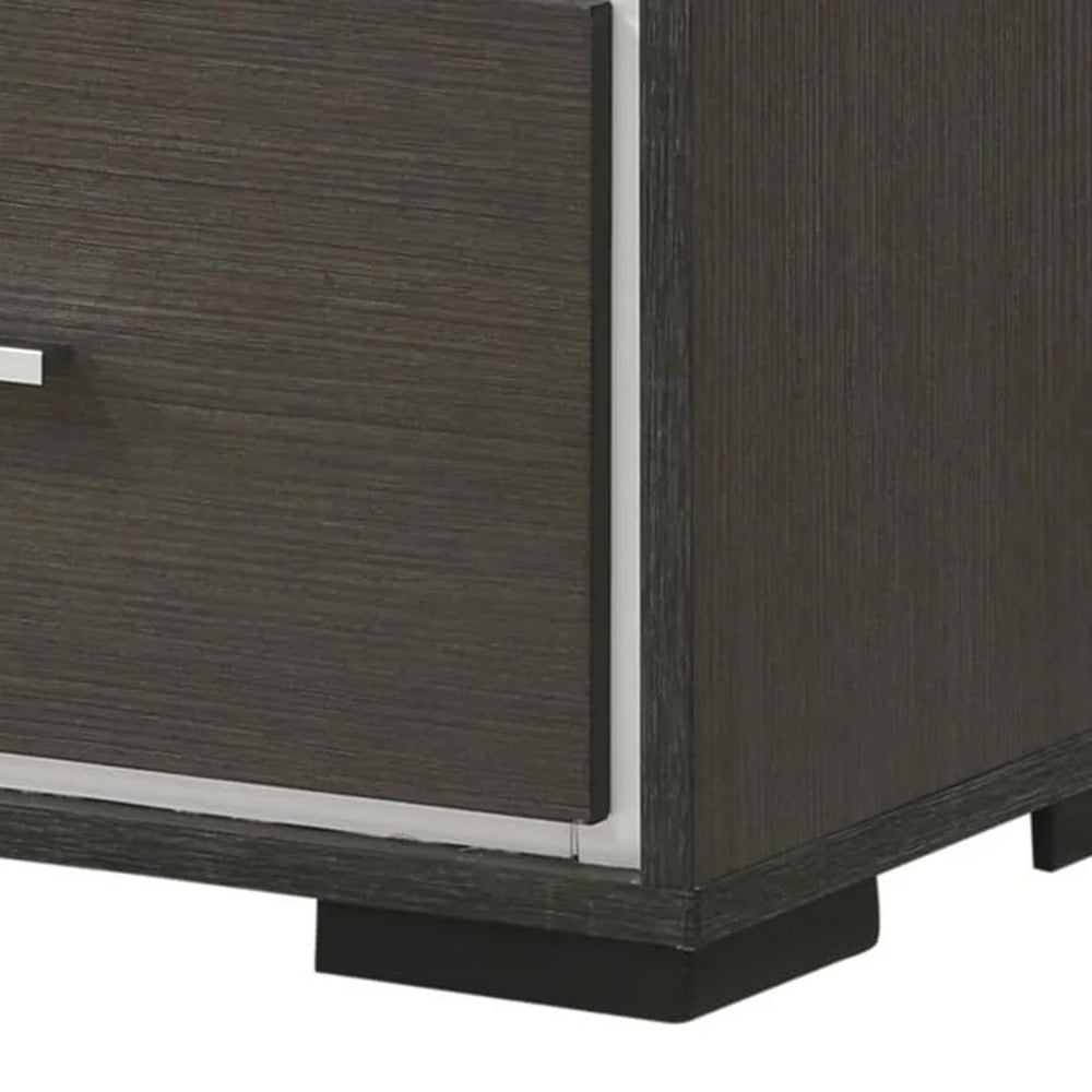 Benjara Hez Nightstand, 2 Drawers, Silver Trim, Modern Dark Brown Finish