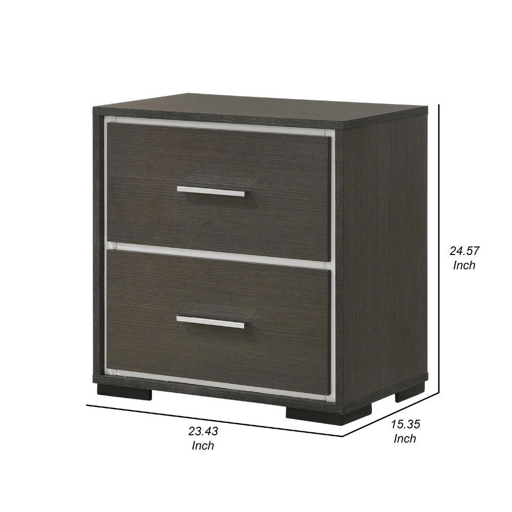 Benjara Hez Nightstand, 2 Drawers, Silver Trim, Modern Dark Brown Finish