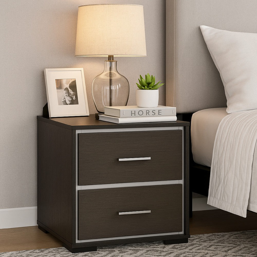 Benjara Hez Nightstand, 2 Drawers, Silver Trim, Modern Dark Brown Finish