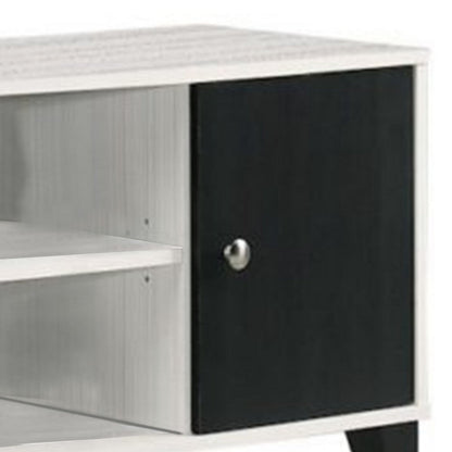 Benjara Akin TV Stand Media Center, 2 Doors w 4 Open Shelves, White, Black Wood