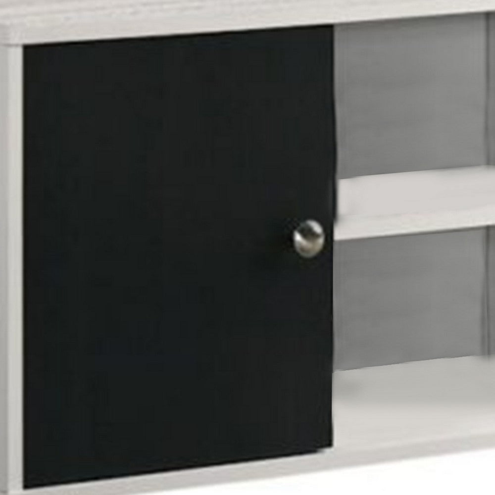 Benjara Akin TV Stand Media Center, 2 Doors w 4 Open Shelves, White, Black Wood