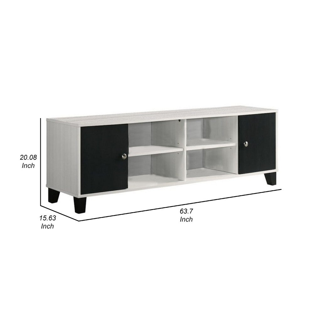 Benjara Akin TV Stand Media Center, 2 Doors w 4 Open Shelves, White, Black Wood