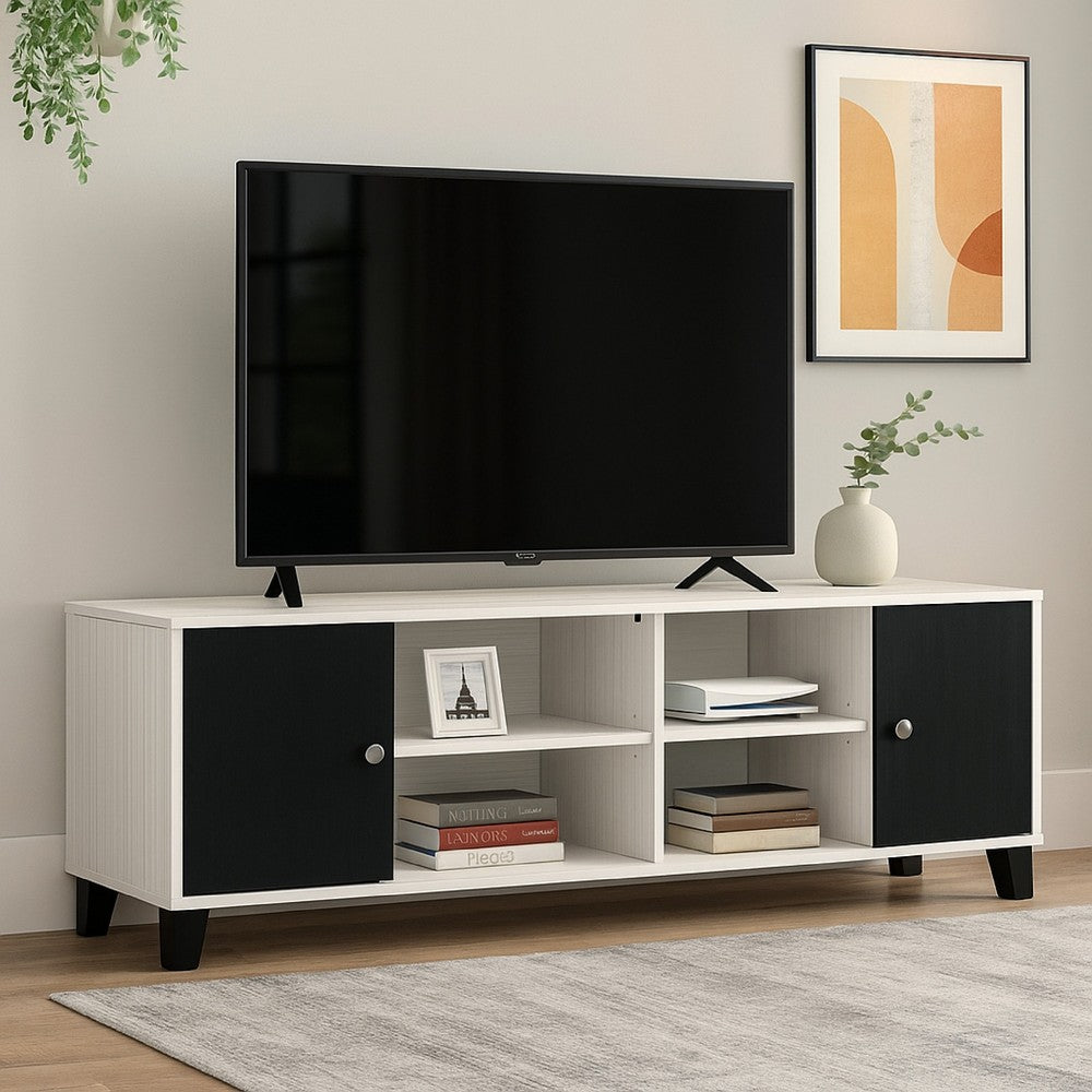 Benjara Akin TV Stand Media Center, 2 Doors w 4 Open Shelves, White, Black Wood