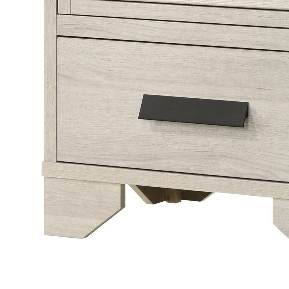 Benjara Sary Nightstand, 2 Drawers, Black Finger Handles, Off White Wood