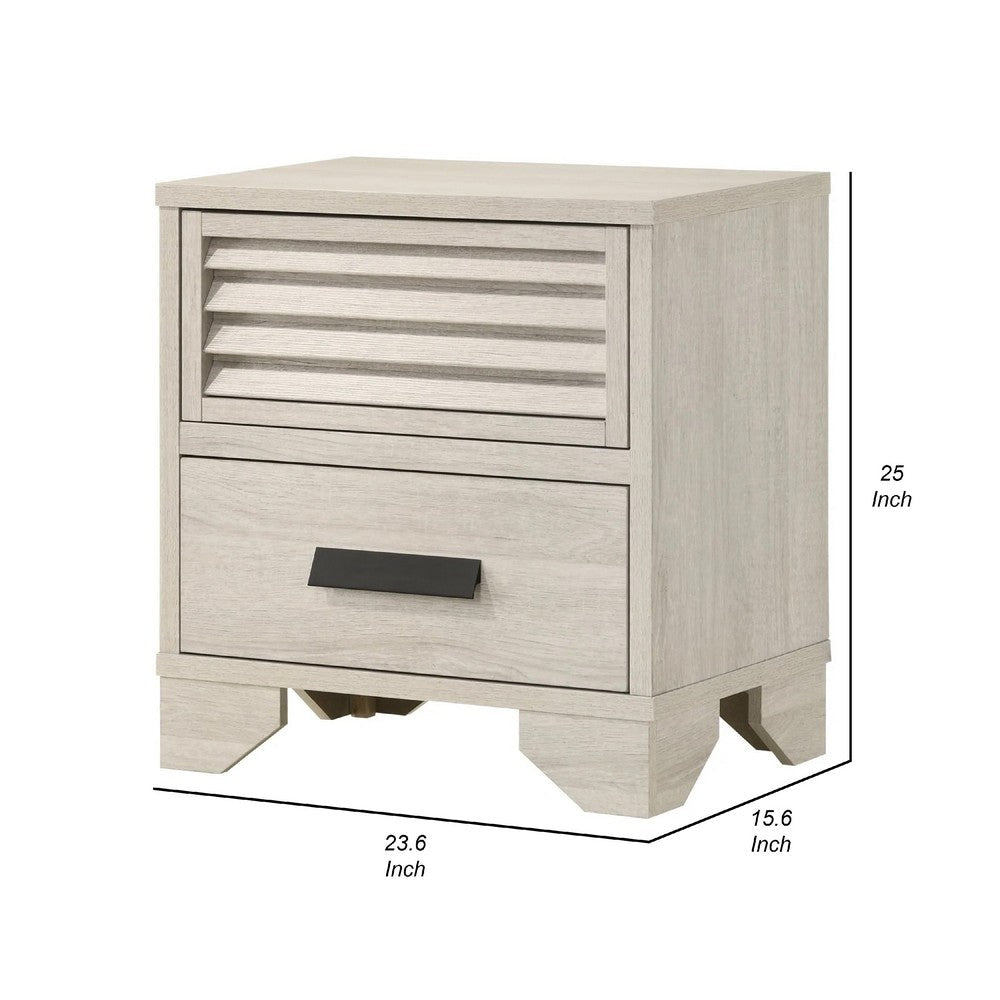 Benjara Sary Nightstand, 2 Drawers, Black Finger Handles, Off White Wood