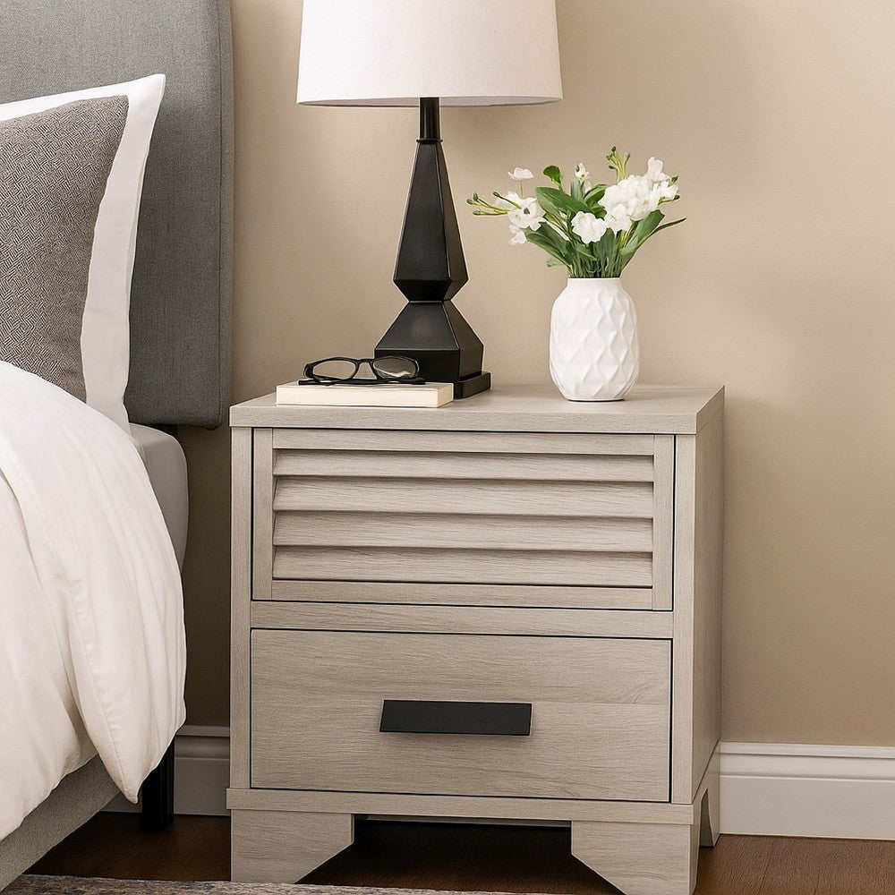 Benjara Sary Nightstand, 2 Drawers, Black Finger Handles, Off White Wood
