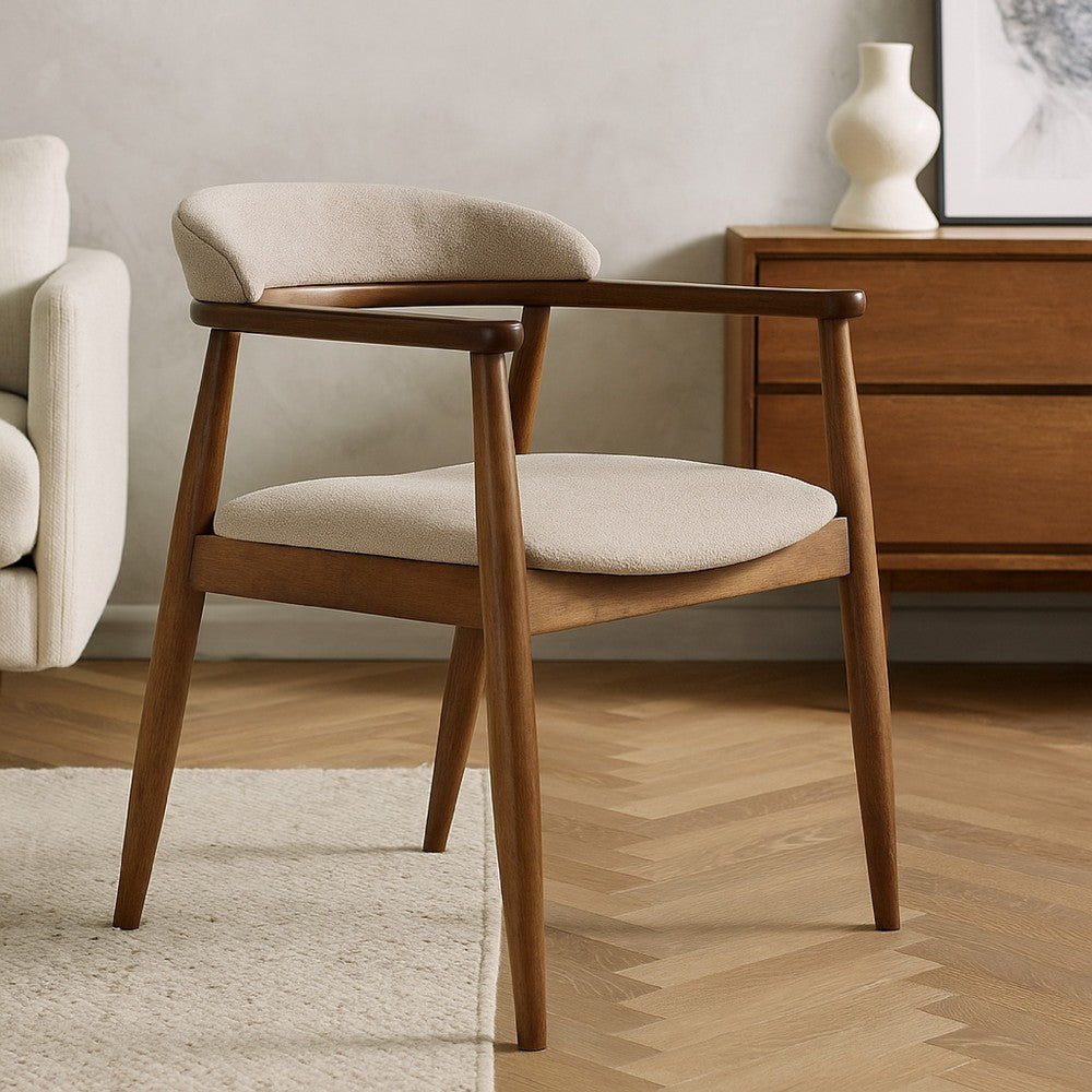 Benjara Cid Coha Dining Chair, Soft Tan Fabric, Brown Solid Wood Frame