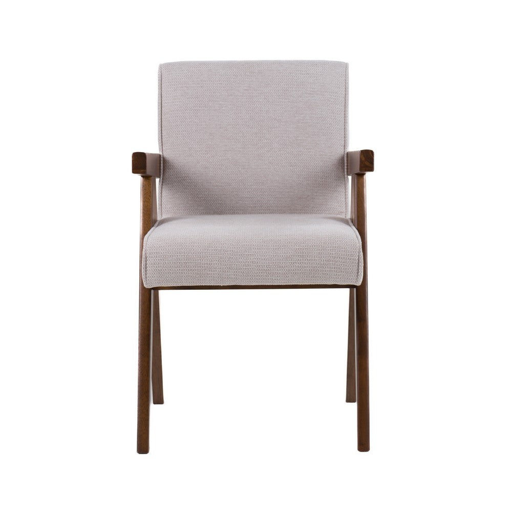 Benjara Cid Jose Dining Chair Set of 2, Beige Polyester, Walnut Brown Wood