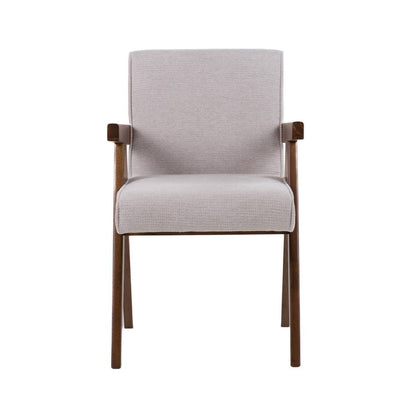 Benjara Cid Jose Dining Chair Set of 2, Beige Polyester, Walnut Brown Wood