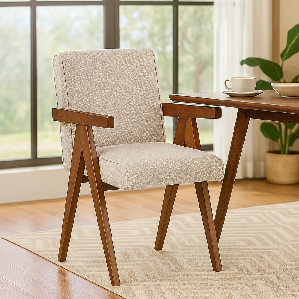 Benjara Cid Jose Dining Chair Set of 2, Beige Polyester, Walnut Brown Wood