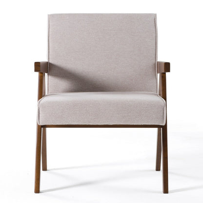Benjara Cid Jose Accent Chair Set of 2, Beige Polyester, Walnut Brown Wood
