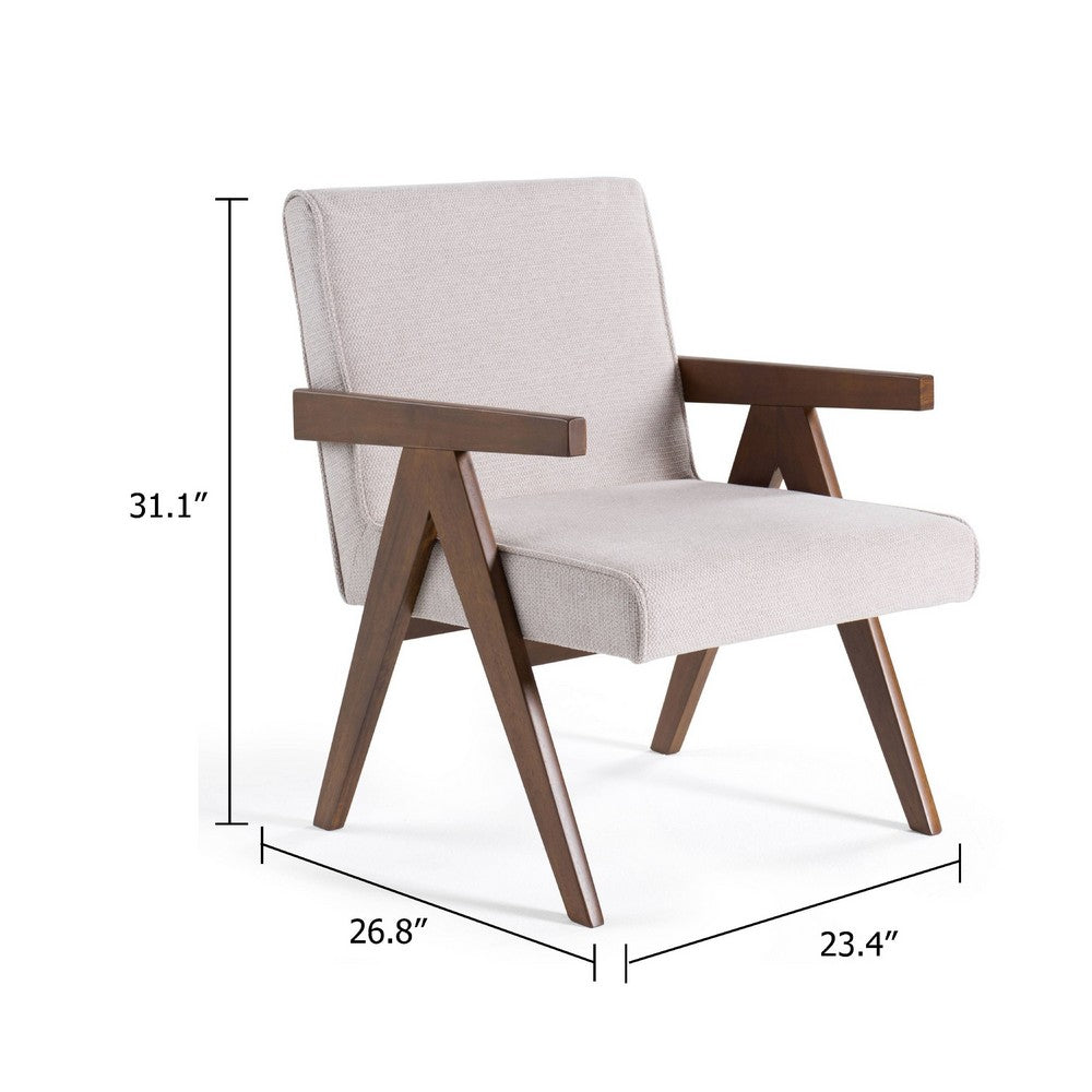 Benjara Cid Jose Accent Chair Set of 2, Beige Polyester, Walnut Brown Wood