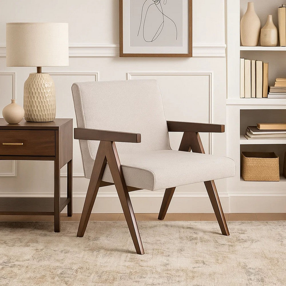 Benjara Cid Jose Accent Chair Set of 2, Beige Polyester, Walnut Brown Wood