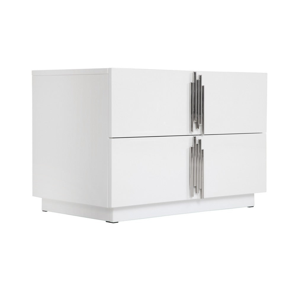 Benjara Cid Inji Nightstand, 2 Drawers, White High Gloss Finish, 28 Inch