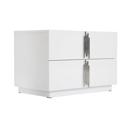 Benjara Cid Inji Nightstand, 2 Drawers, White High Gloss Finish, 28 Inch
