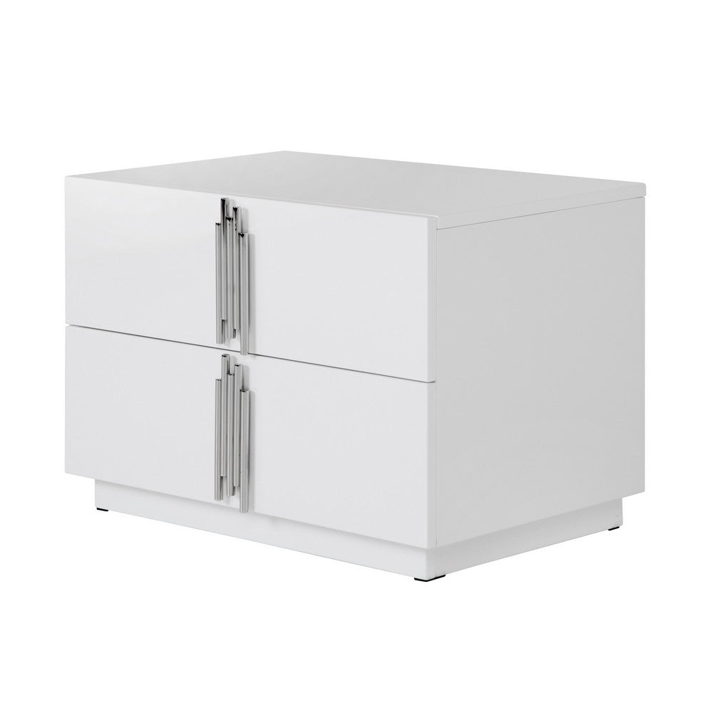 Benjara Cid Inji Nightstand, 2 Drawers, White High Gloss Finish, 28 Inch