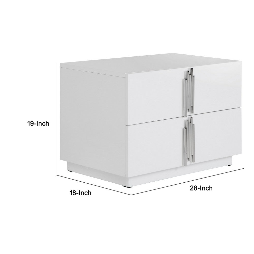 Benjara Cid Inji Nightstand, 2 Drawers, White High Gloss Finish, 28 Inch