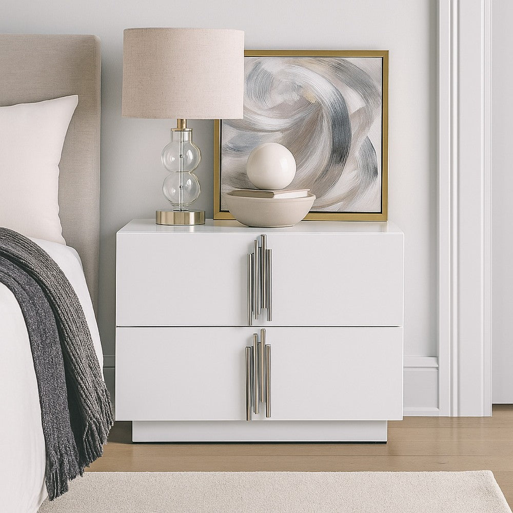 Benjara Cid Inji Nightstand, 2 Drawers, White High Gloss Finish, 28 Inch
