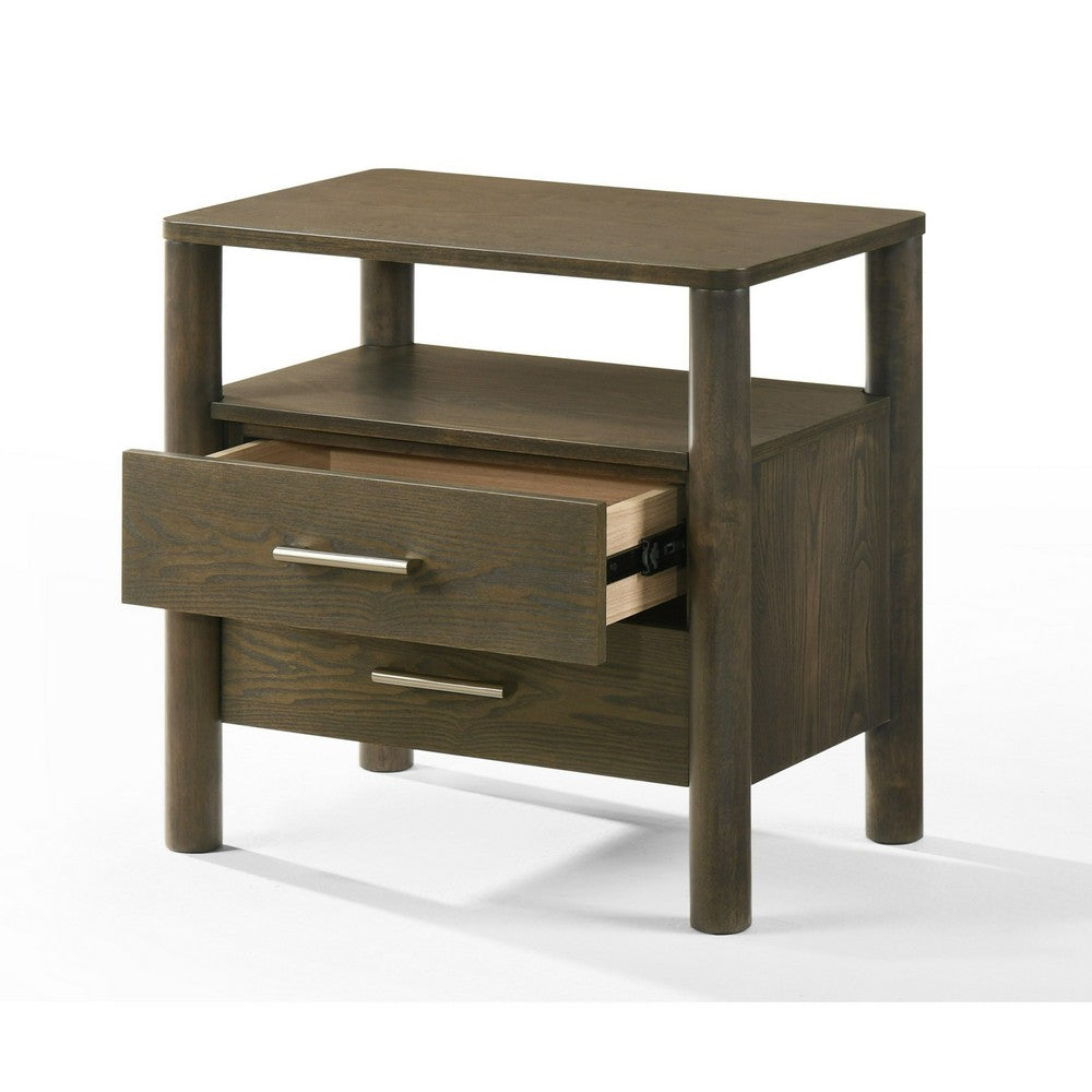 Benjara Cid Caro Nightstand, 2 Drawers 1 Shelf, Wenge Brown Rubberwood, 24 Inch