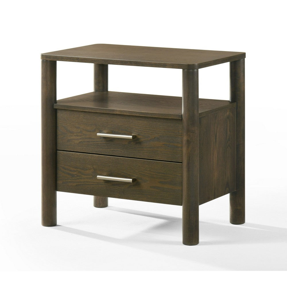 Benjara Cid Caro Nightstand, 2 Drawers 1 Shelf, Wenge Brown Rubberwood, 24 Inch