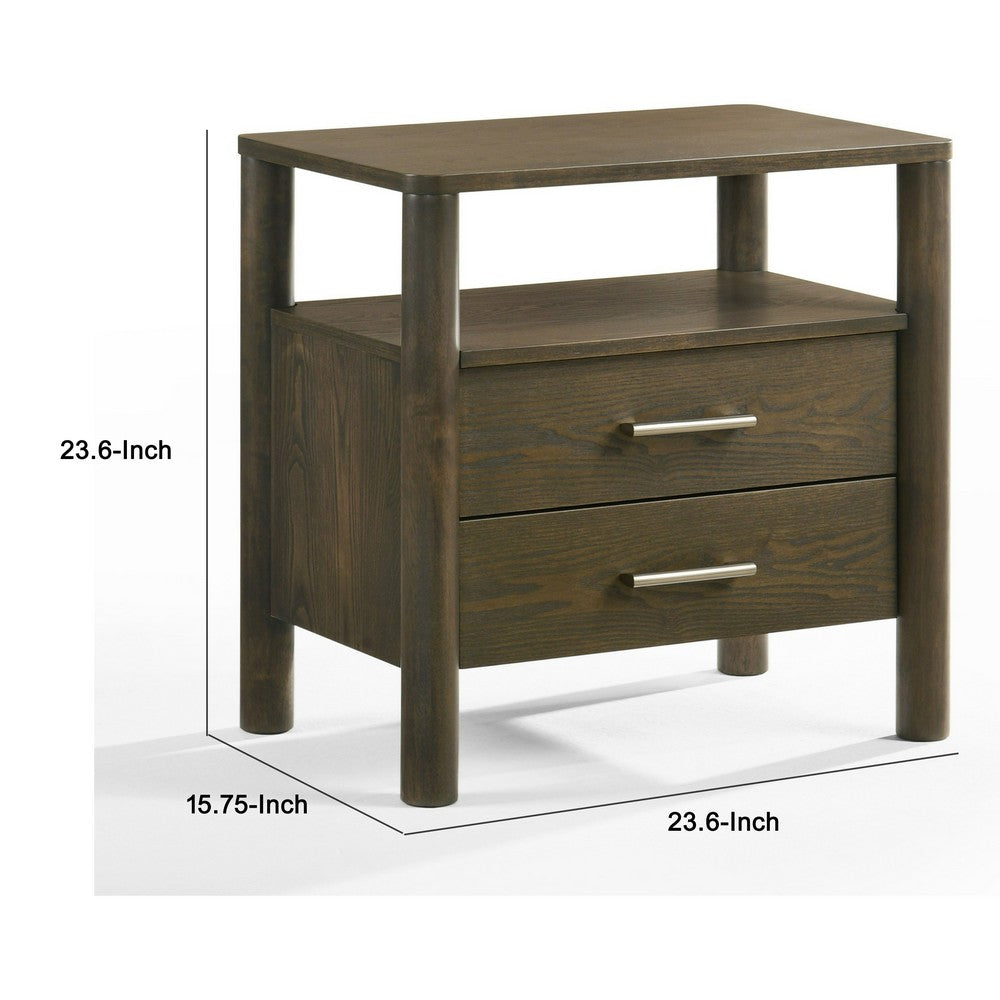 Benjara Cid Caro Nightstand, 2 Drawers 1 Shelf, Wenge Brown Rubberwood, 24 Inch