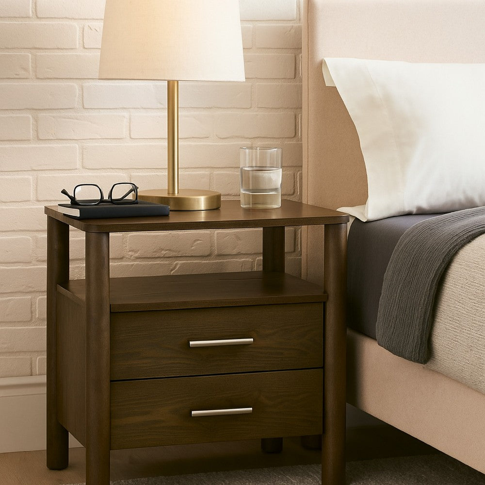 Benjara Cid Caro Nightstand, 2 Drawers 1 Shelf, Wenge Brown Rubberwood, 24 Inch