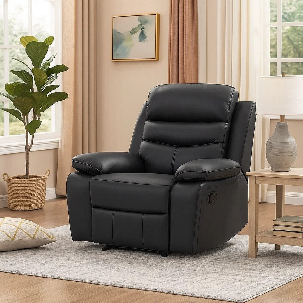 Benjara Hanna Manual Reclining Chair, Black Top Grain Leather