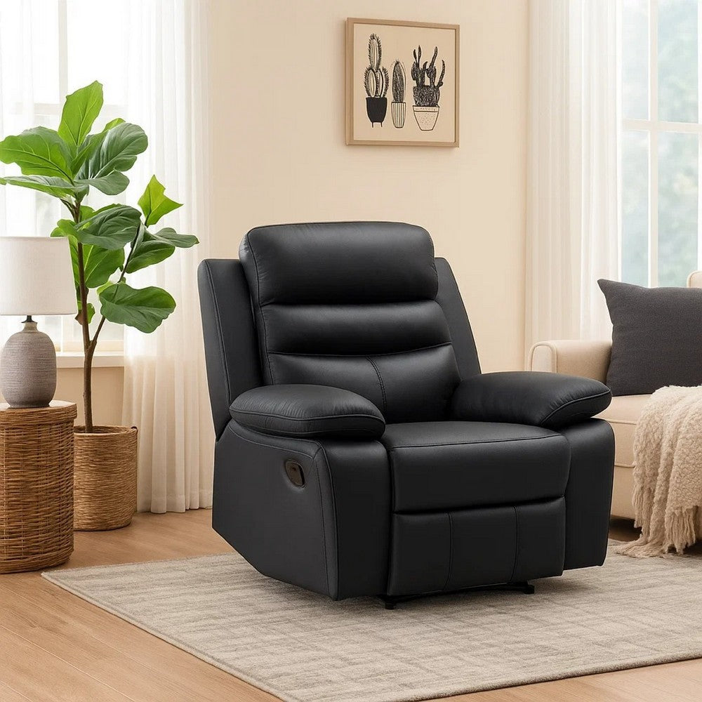 Benjara Hanna Manual Reclining Chair, Black Top Grain Leather