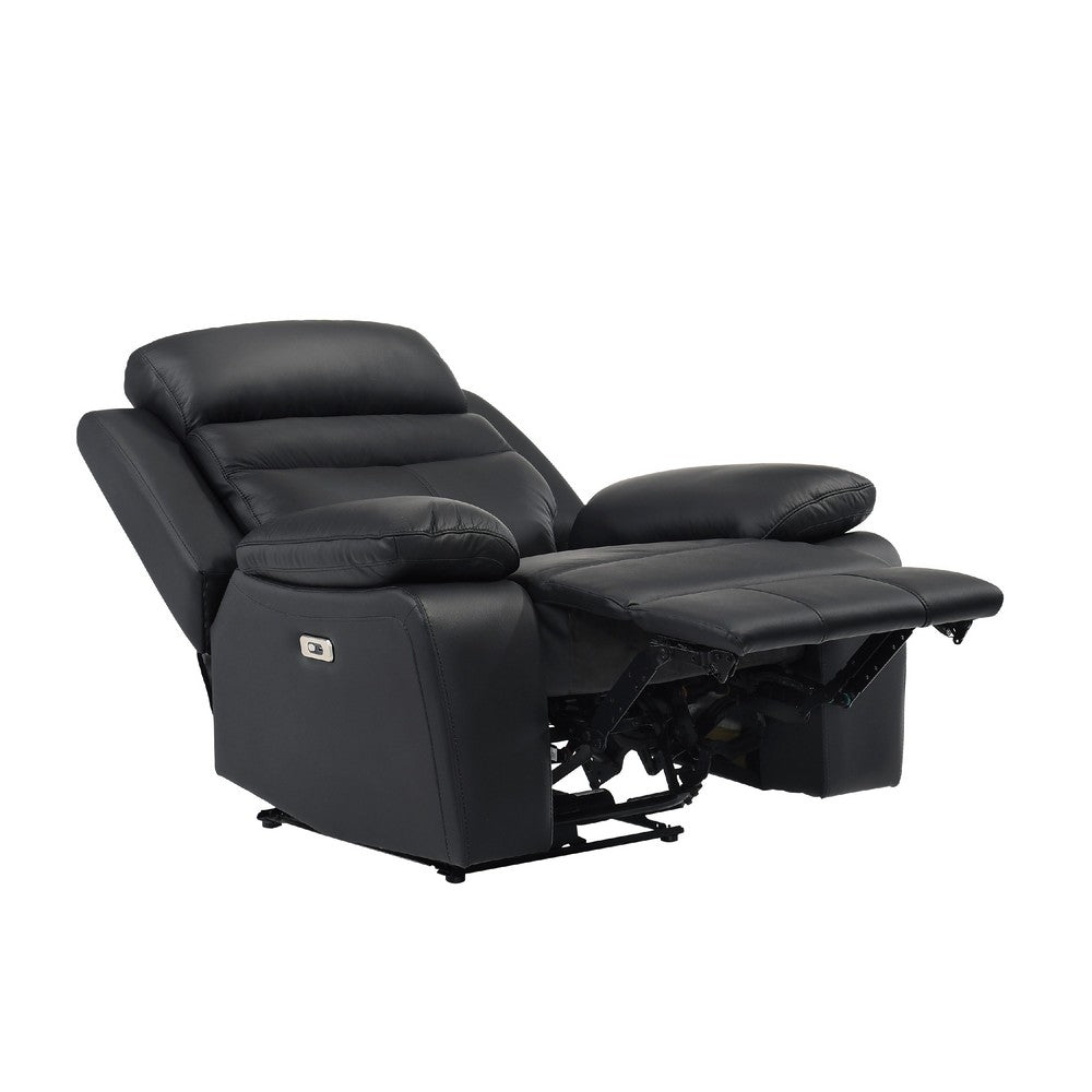 Benjara Hanna Power Reclining Chair, USB Port, Black Top Grain Leather