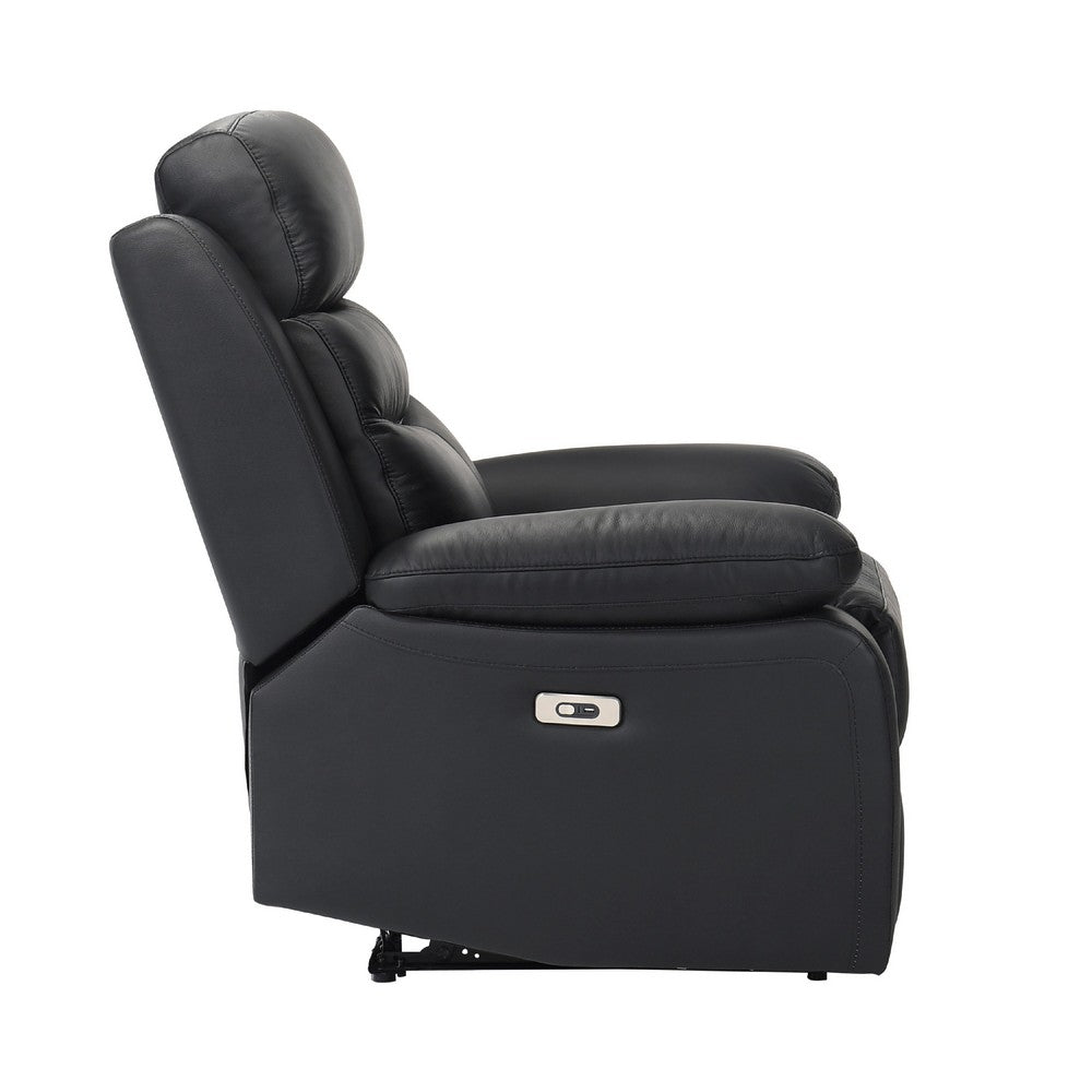 Benjara Hanna Power Reclining Chair, USB Port, Black Top Grain Leather