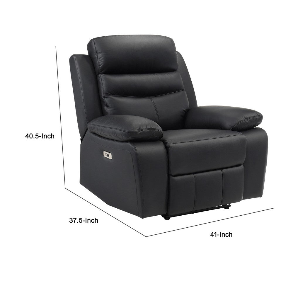 Benjara Hanna Power Reclining Chair, USB Port, Black Top Grain Leather