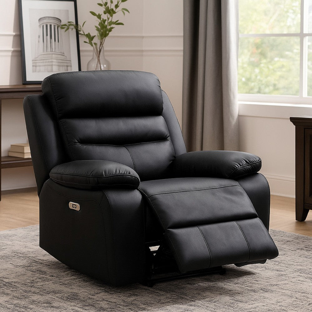 Benjara Hanna Power Reclining Chair, USB Port, Black Top Grain Leather