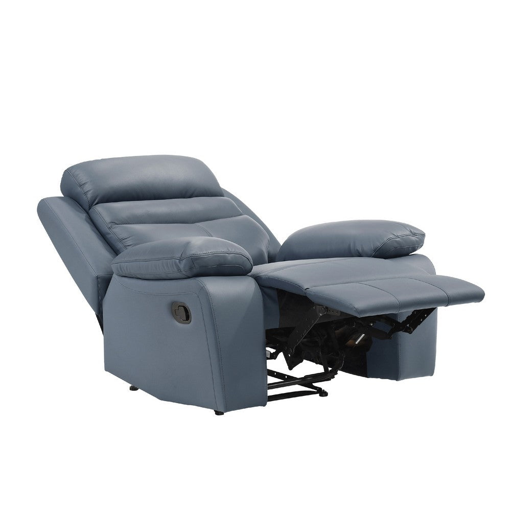 Benjara Hanna Manual Reclining Chair, Blue Top Grain Leather Cushions