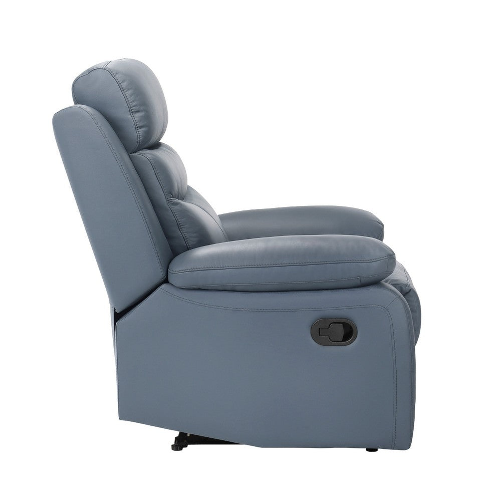 Benjara Hanna Manual Reclining Chair, Blue Top Grain Leather Cushions