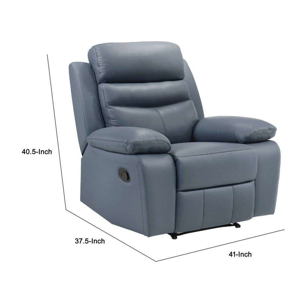 Benjara Hanna Manual Reclining Chair, Blue Top Grain Leather Cushions
