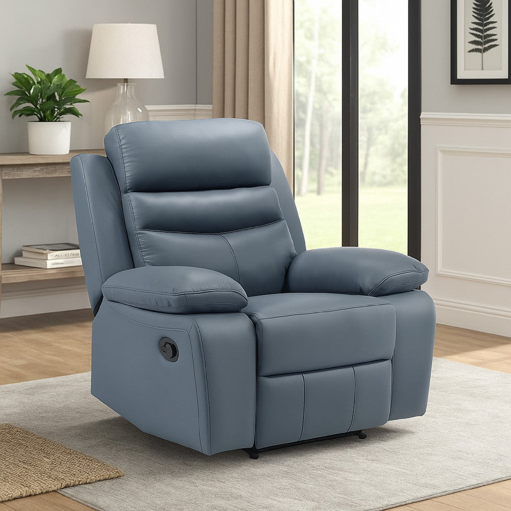 Benjara Hanna Manual Reclining Chair, Blue Top Grain Leather Cushions