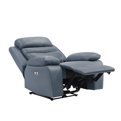 Benjara Hanna Power Reclining Chair, Blue Top Grain Leather Cushions, USB Port