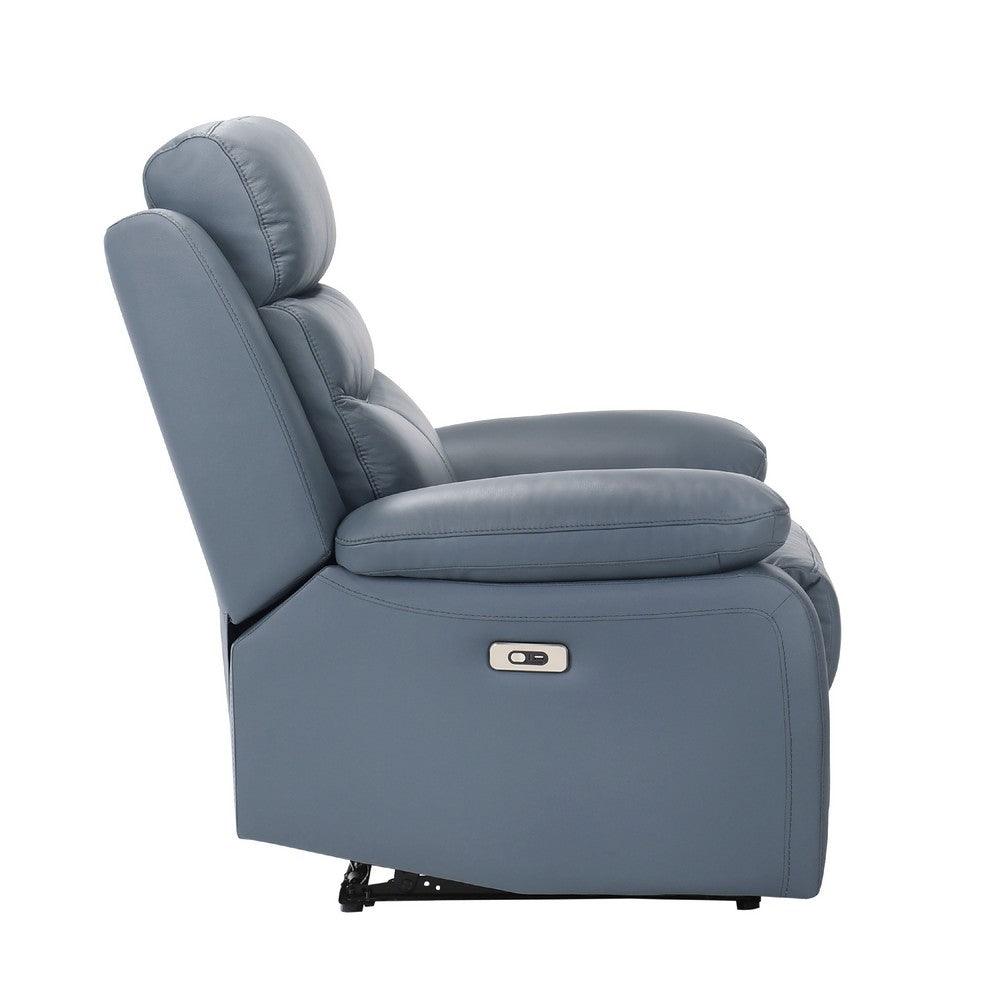 Benjara Hanna Power Reclining Chair, Blue Top Grain Leather Cushions, USB Port