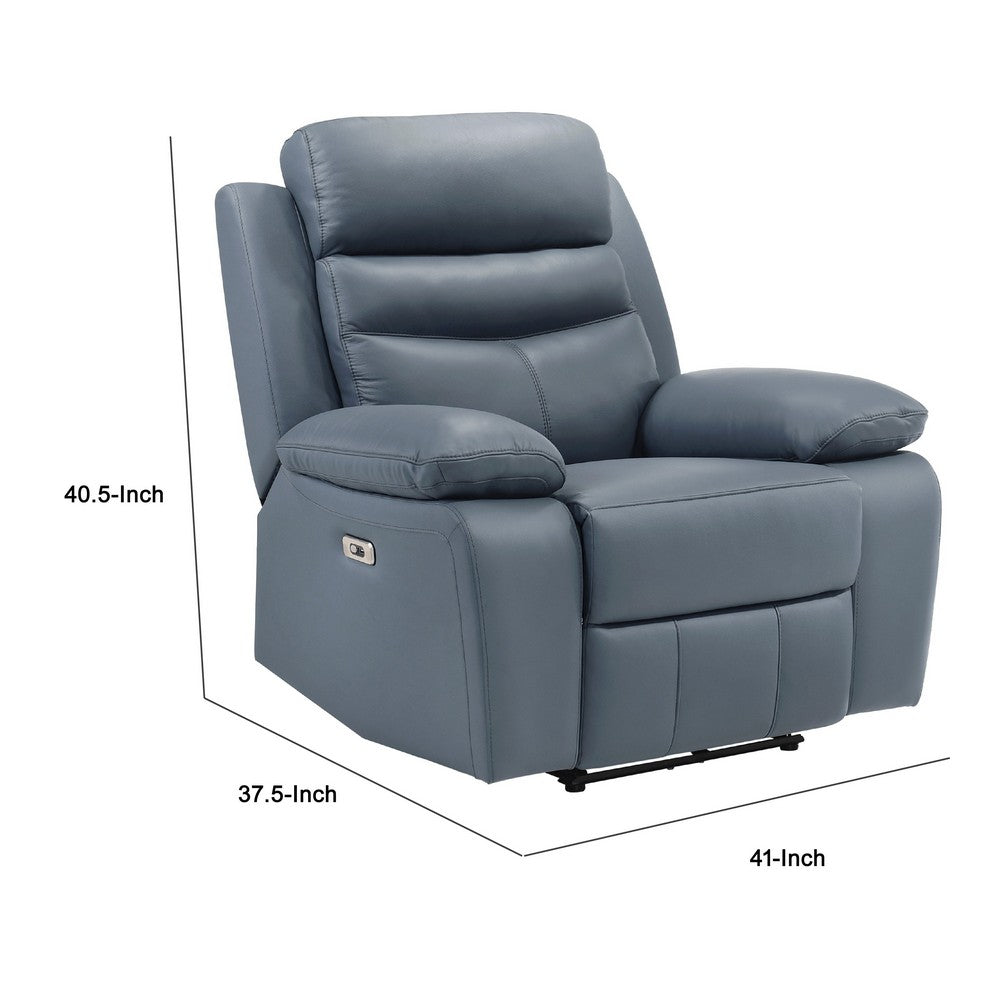 Benjara Hanna Power Reclining Chair, Blue Top Grain Leather Cushions, USB Port