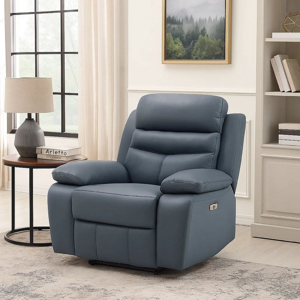 Benjara Hanna Power Reclining Chair, Blue Top Grain Leather Cushions, USB Port