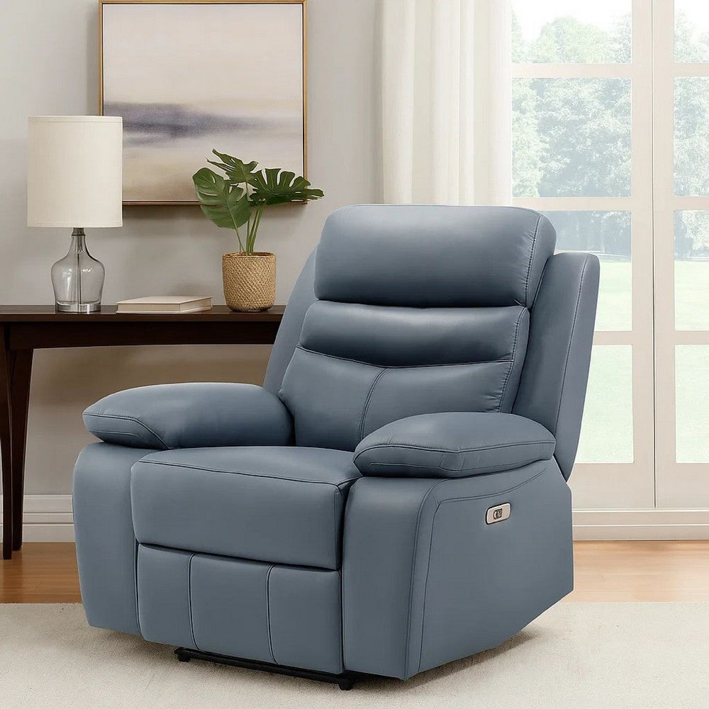 Benjara Hanna Power Reclining Chair, Blue Top Grain Leather Cushions, USB Port