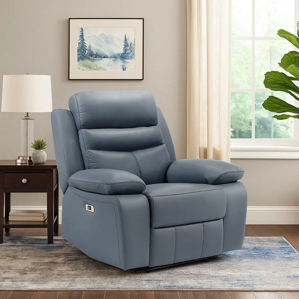 Benjara Hanna Power Reclining Chair, Blue Top Grain Leather Cushions, USB Port