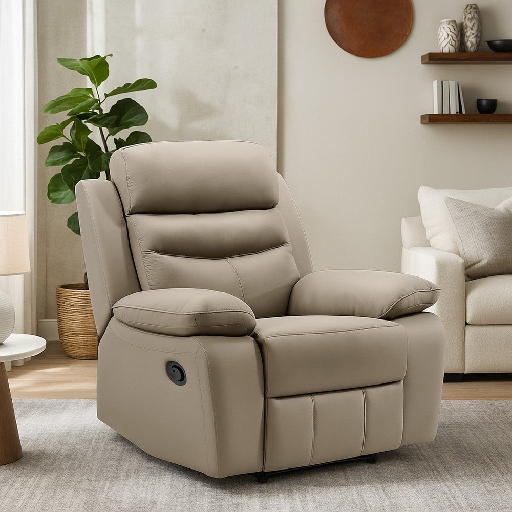 Benjara Hanna Manual Reclining Chair, Latte Brown Top Grain Leather Cushions