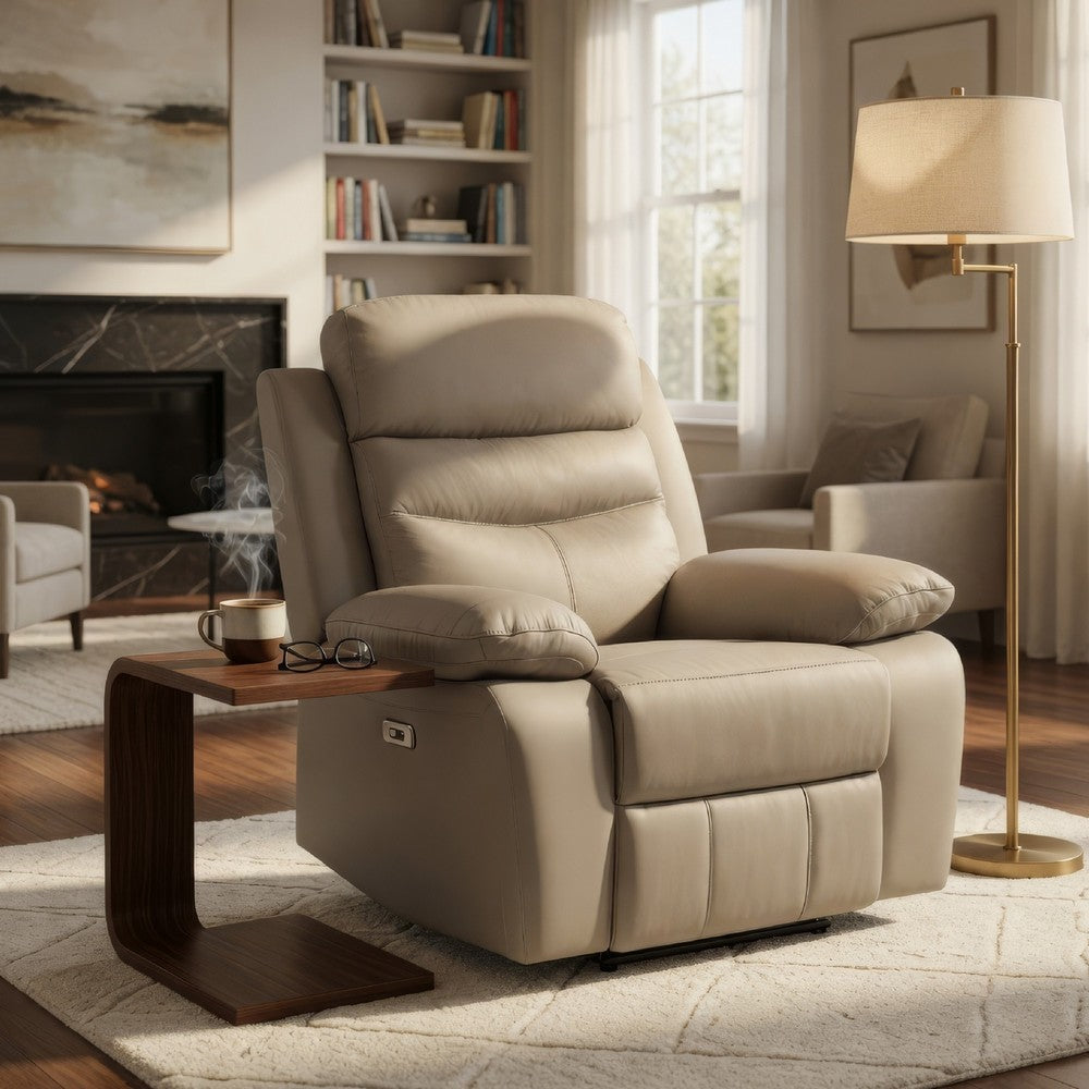 Benjara Hanna Power Reclining Chair, Latte Brown Top Grain Leather, USB
