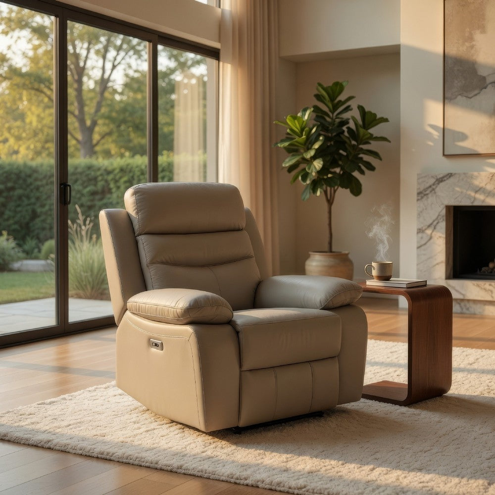 Benjara Hanna Power Reclining Chair, Latte Brown Top Grain Leather, USB