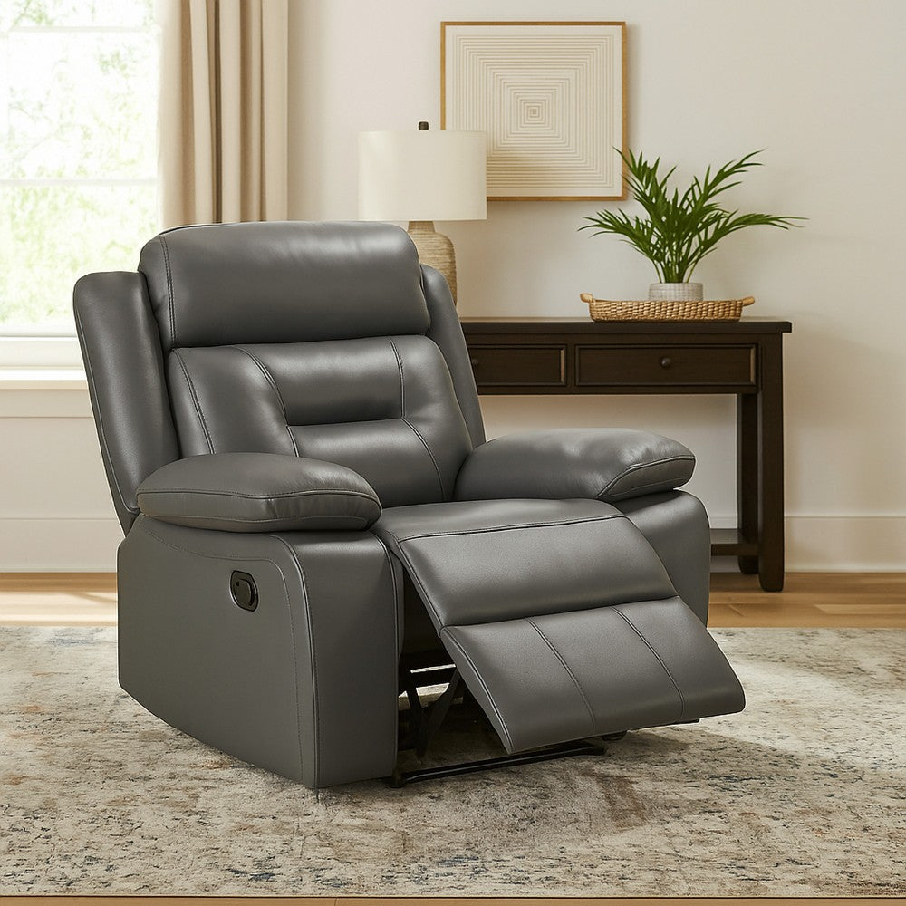 Benjara Conia Manual Reclining Chair, Dark Gray Top Grain Leather