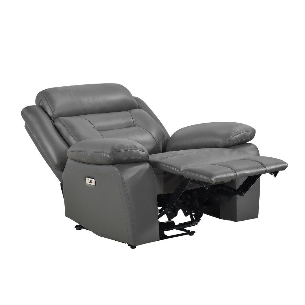 Benjara Conia Power Reclining Chair, Dark Gray Top Grain Leather, USB Port